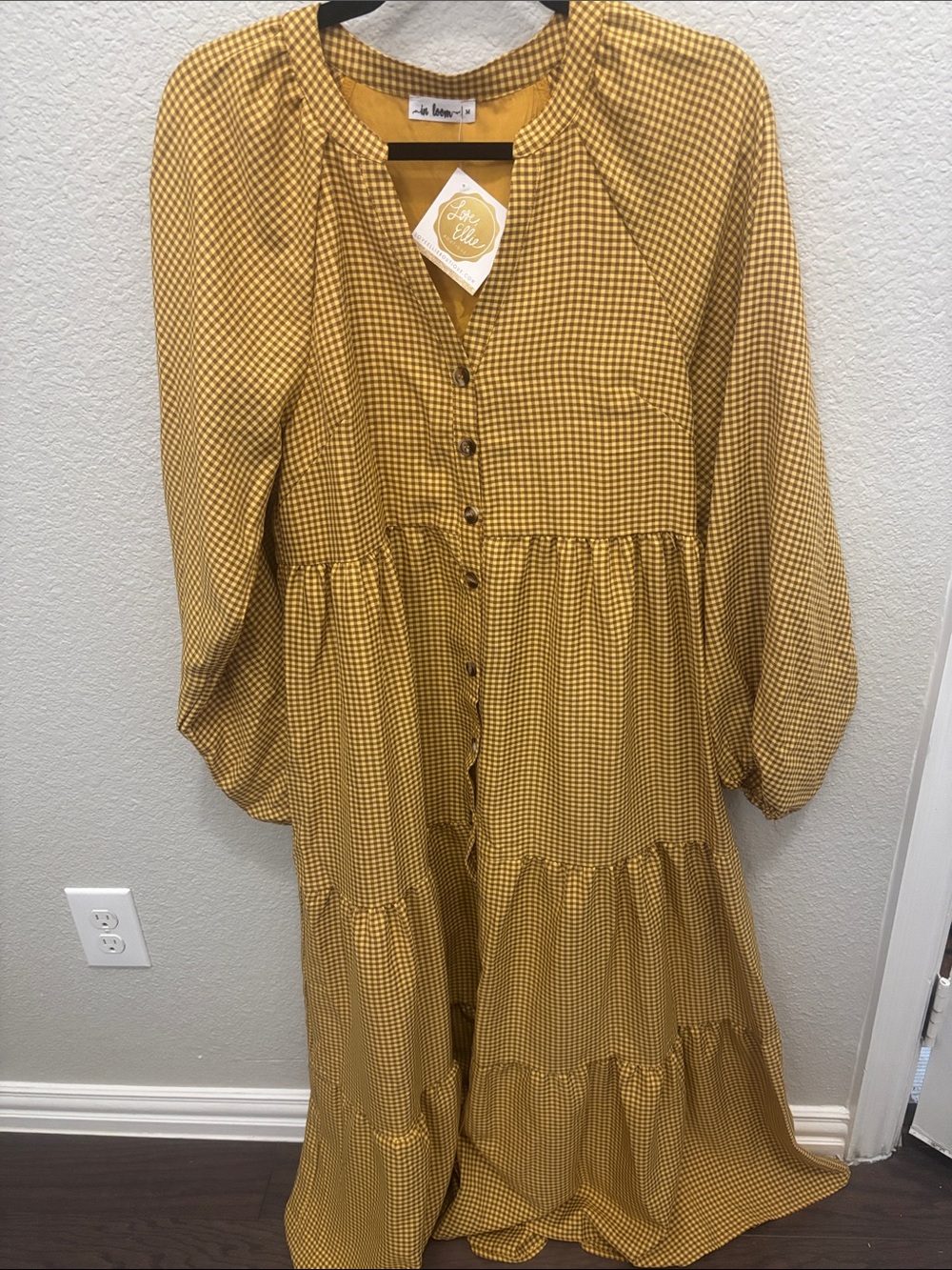 Mustard Gingham Maxi Dress with Button Front